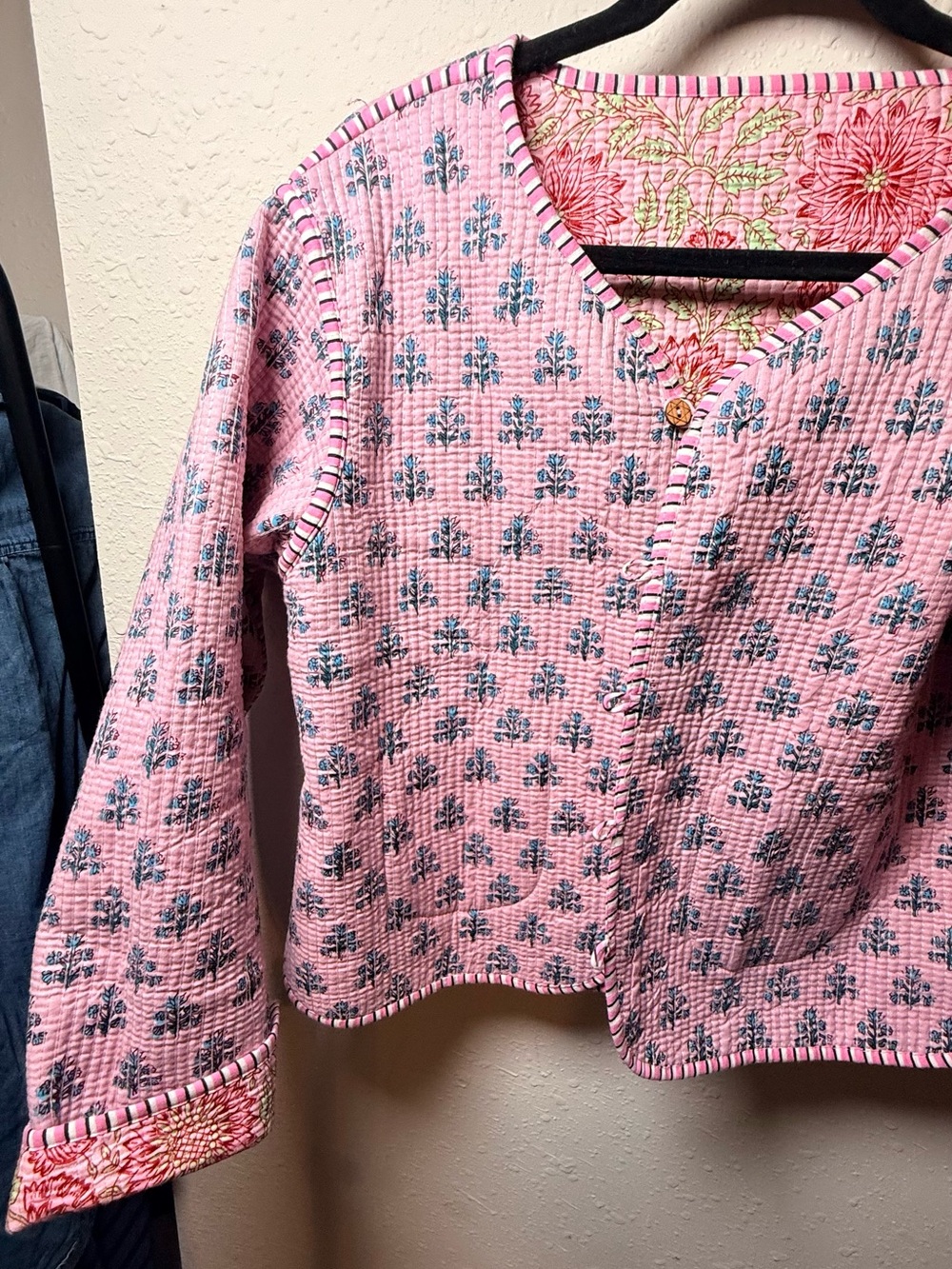Reversible Quilted Floral Jacket Pink Block Print Cotton Cottagecore croquette - Picture 9 of 14